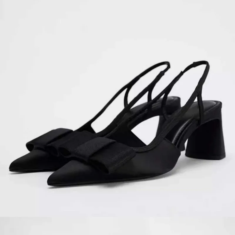 Vintage Black Women High Heeled Shoes Pointed Toe Shallow Fashion Bow-Knot Slingbacks Elegant Brand Designer Office Lady Pumps