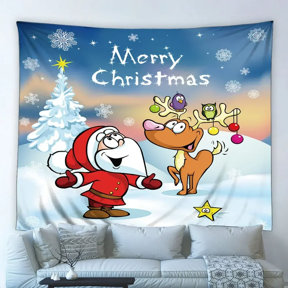 Tapiz de Feliz Navidad de dibujos animados, Papá Noel, alce, muñeco de nieve, árbol de Navidad, tela para colgar en la pared, manta para dormitorio de niños, mantel, decoración del hogar