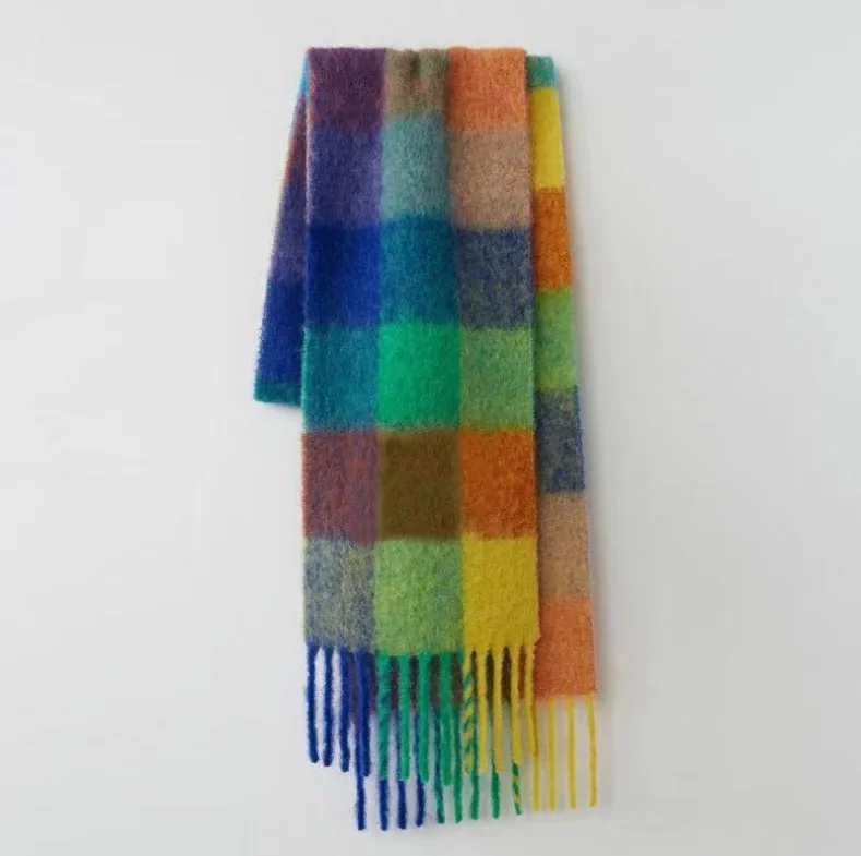 Thickened Long Women's Scarf AC Loop Yarns Warm Cross-Border Rainbow Plaid Angora Shawl For Cold Weather