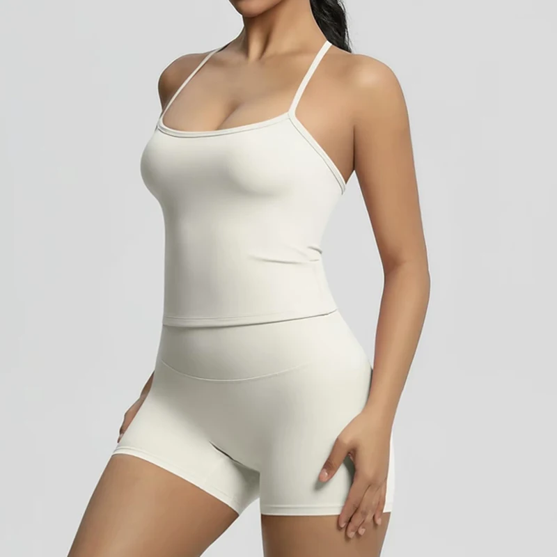 Women's Yoga Exercise Set, Popular Slim Shoulder Yoga Vest Paired With High Waisted, Waist Hugging, Naked Yoga Three Part Shorts image 4
