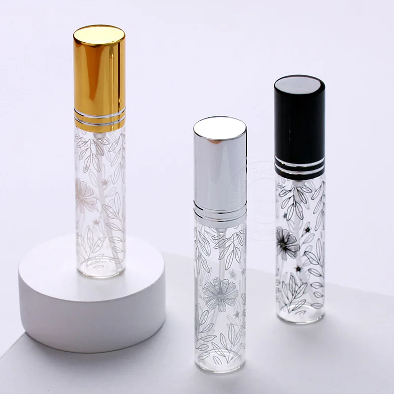 10 ml Glas Mini Parfüm Flasche Druck Blätter Muster mit Zerstäuber Kosmetische Flüssigkeit Nachfüllbare Feine Spray Parfüm Flasche viaje