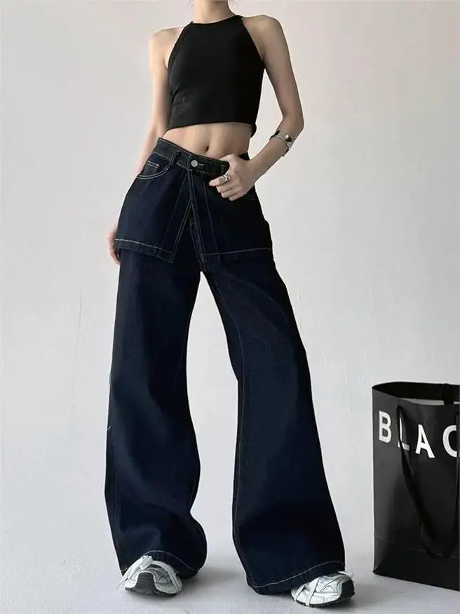 American Retro Patchwork High Waist Wide Leg Jeans Women's Autumn New Style Slimming Straight Cut Denim Pants Casual Wear