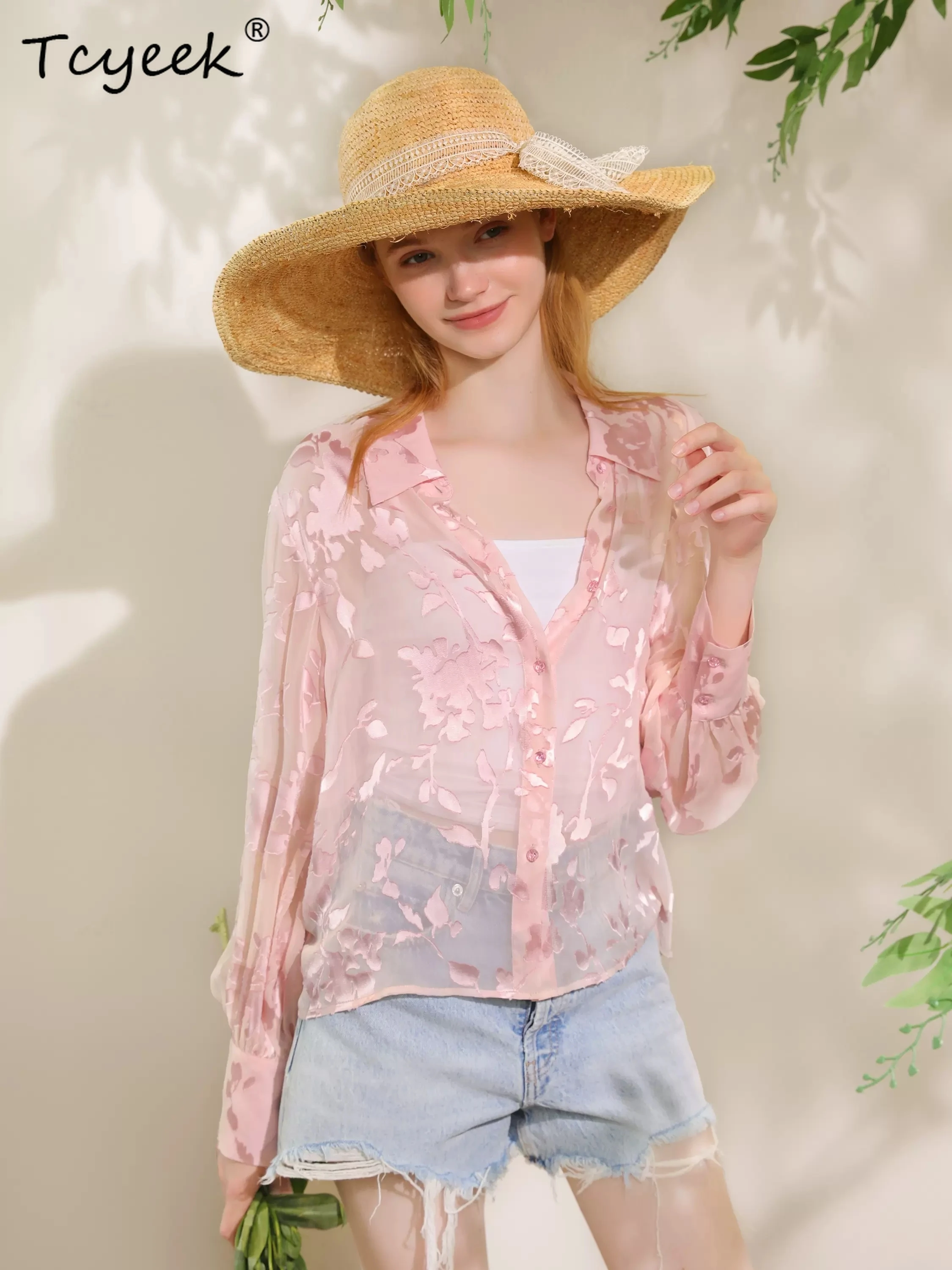 

Tcyeek 100%Real Silk Sunscreen Shirt For Women, Burn-out Long Sleeve Thin, Sweet Fashion Blouses, 2024 Summer New Top T42756QM