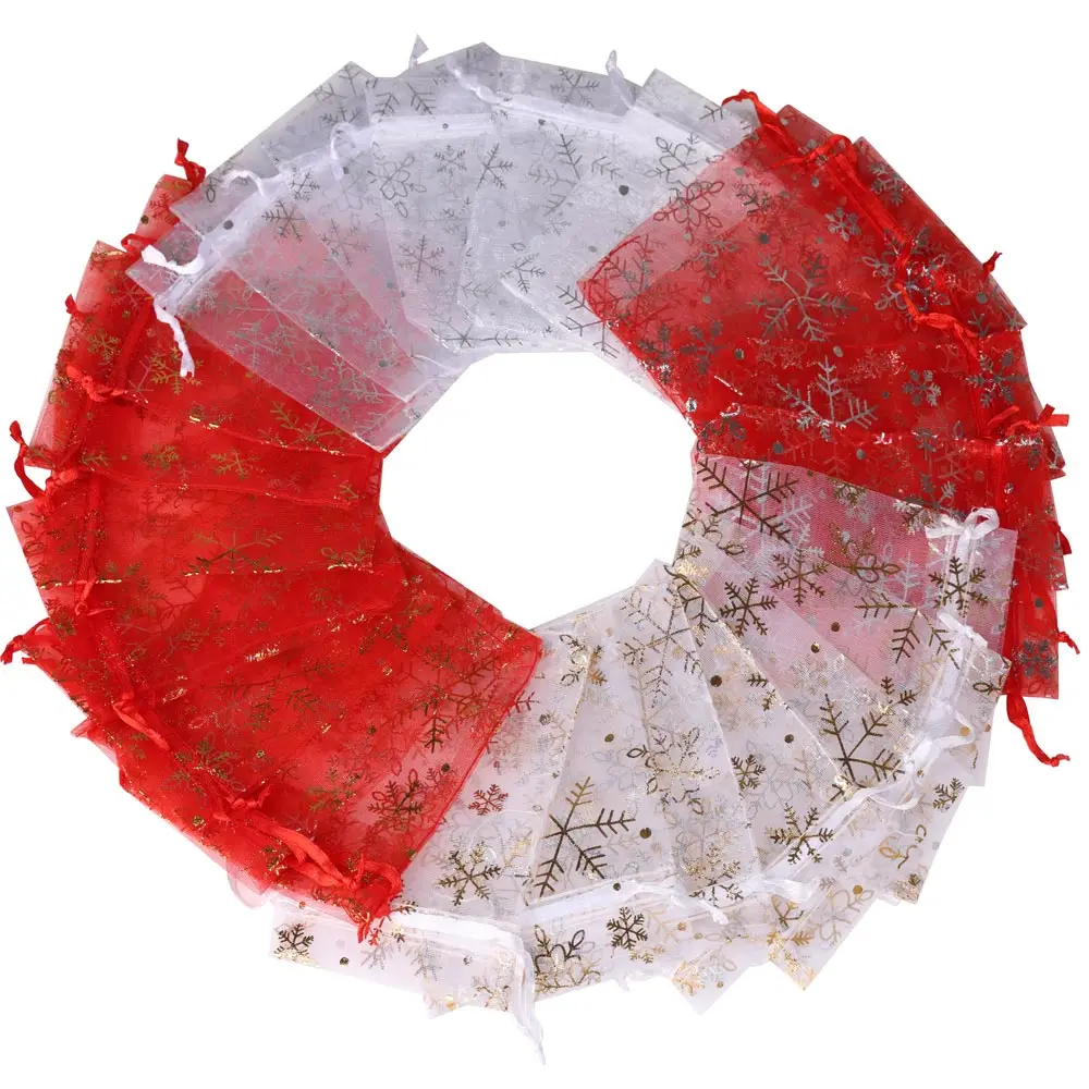 50pcs/Lot Various Sizes Jewelry Bags Red White Snowflake Pattern Organza Christmas Gift Storage Drawstring Pouches Wholesale