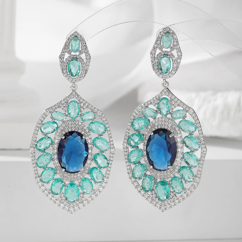 SENYU Luxury Dual-Tone Vermeil HandPave AAA Egg Shape Blue Zircon Oval Statement Earrings Charm for Women Wedding Drop Earrings