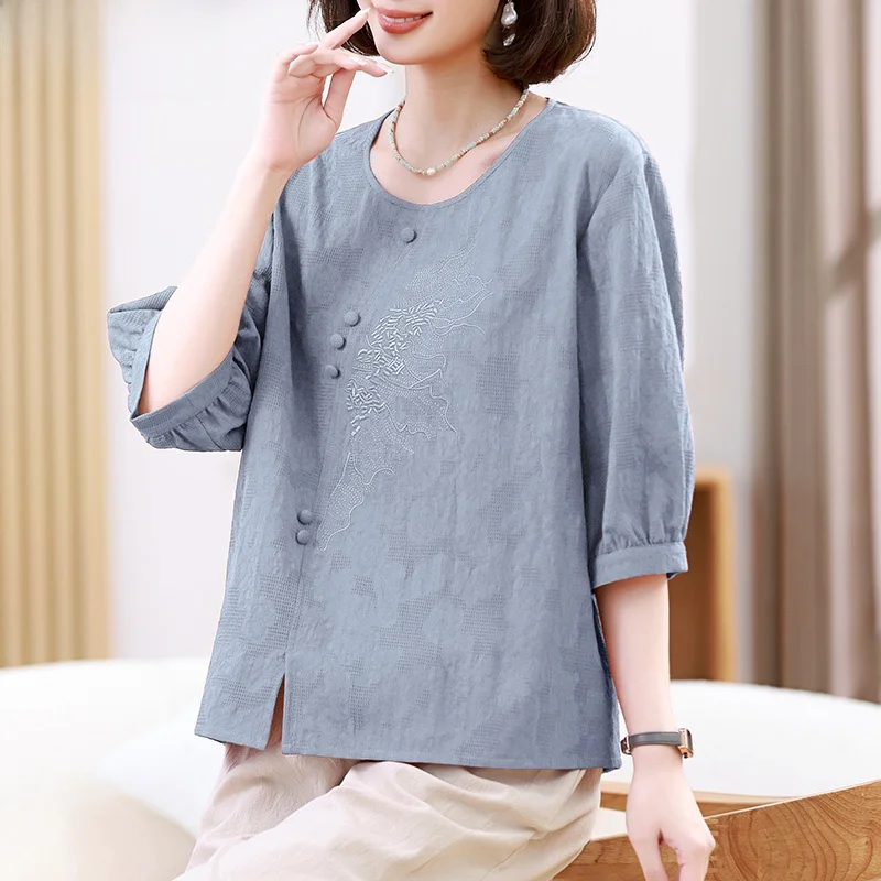 

Модный хлопково-льняной комплект: свободная футболка с коротким рукавом для женщин среднего возраста, летняя одежда для мам, удобная, больших размеров