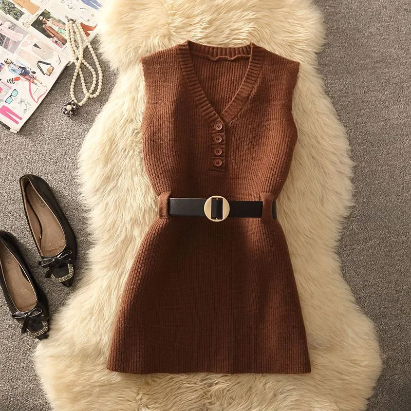 2024 New Autumn winter Knitted Vest Women Vintage Sleeveless Fashion Waistband Sweater vest Tops