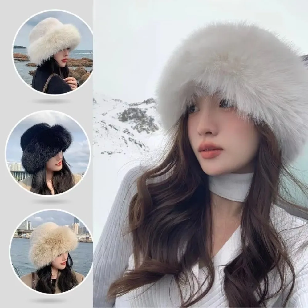 New Fluffy Fur Winter Hat Solid Color Plush Fisherman Hat Cold Windproof Thicken Bucket Hat for Women Girls