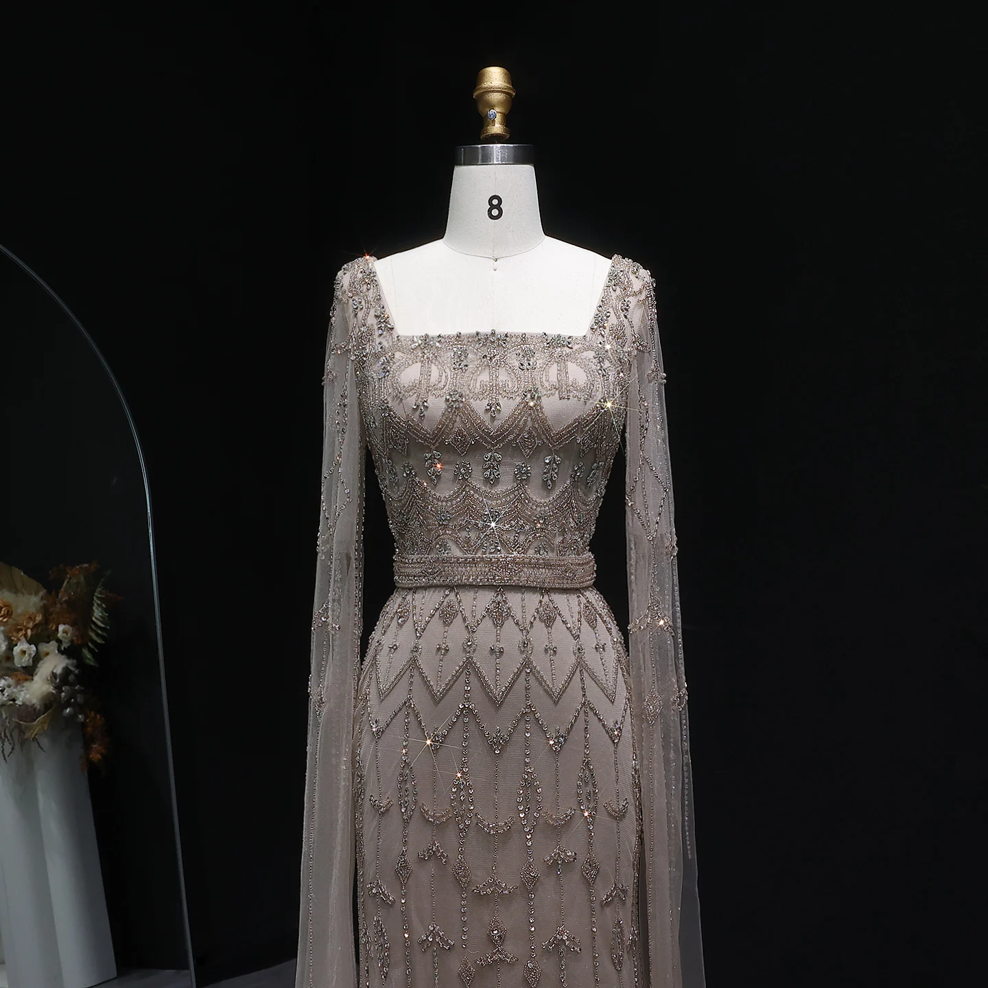 Sharon Said Luxuriöses Kristallrosa Quadratisches Abendkleid mit Cape-Ärmeln, Türkis, Arabische Damen Hochzeitsfeierkleider SS089, Anpassbar – Detail 11