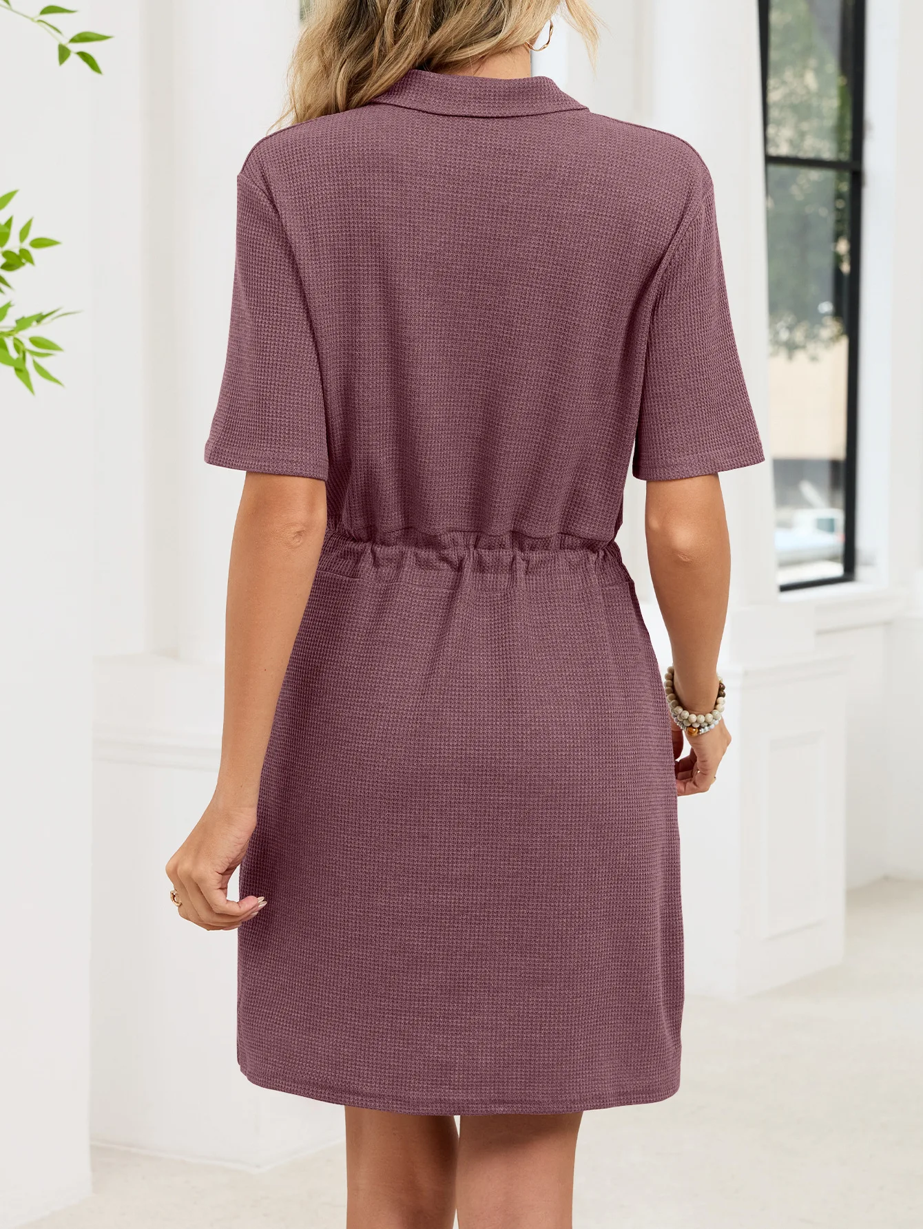 Women's Summer Solid Color Dress Elegant V Neck Short Sleeve Work Midi Dresses Casual Drawstring Shirt Sundress