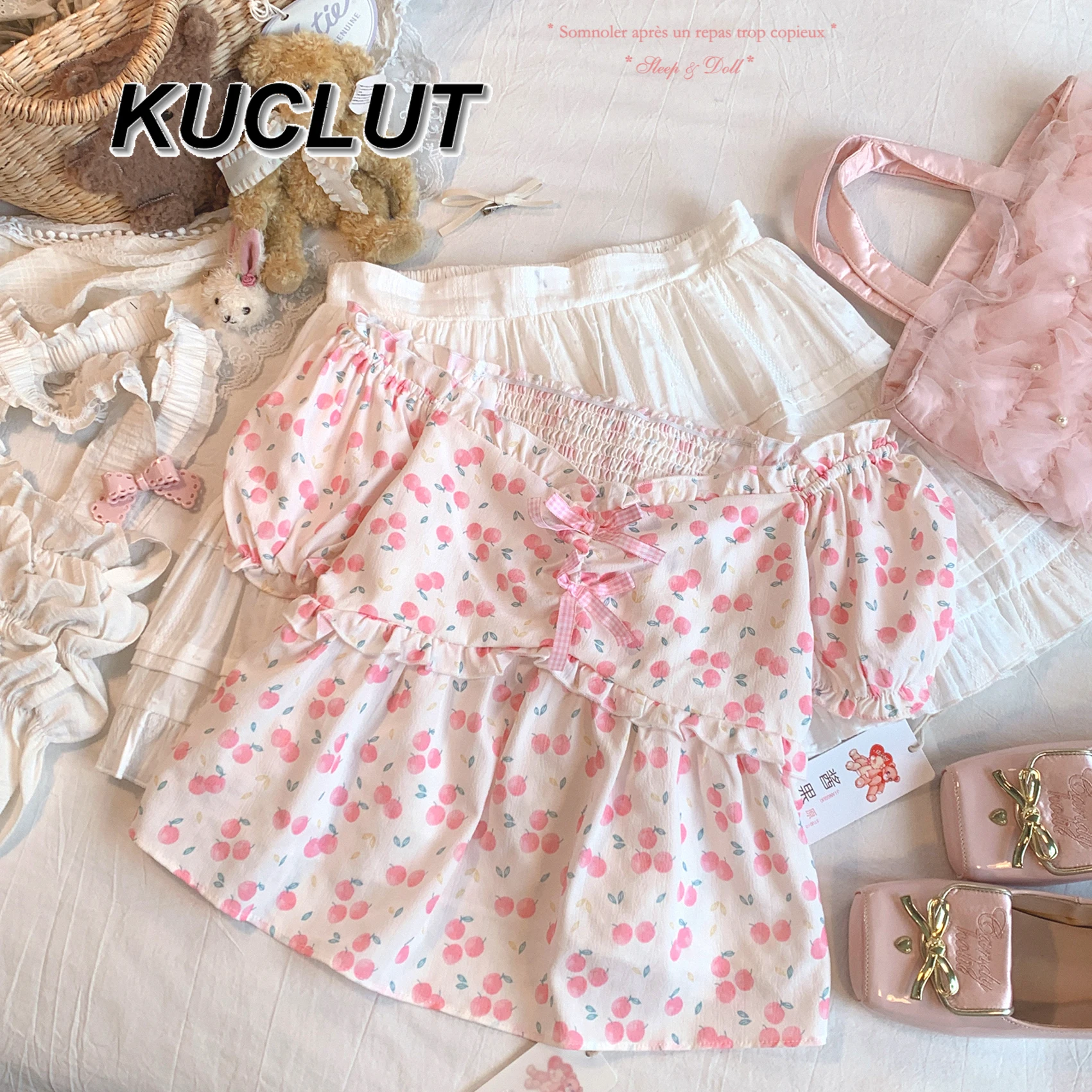 

Summer Women's Tops Sweet One Off Shoulder Collar Cute Peach Print Puff Short Sleeve Shirt Lotus Leaf Casual Blouse Femme