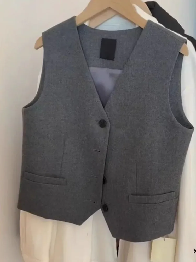 Chaleco ajustado gris liso, Chaqueta corta sin mangas de verano para mujer, ropa de calle que combina con todo, cárdigan de moda coreana para oficina para mujer