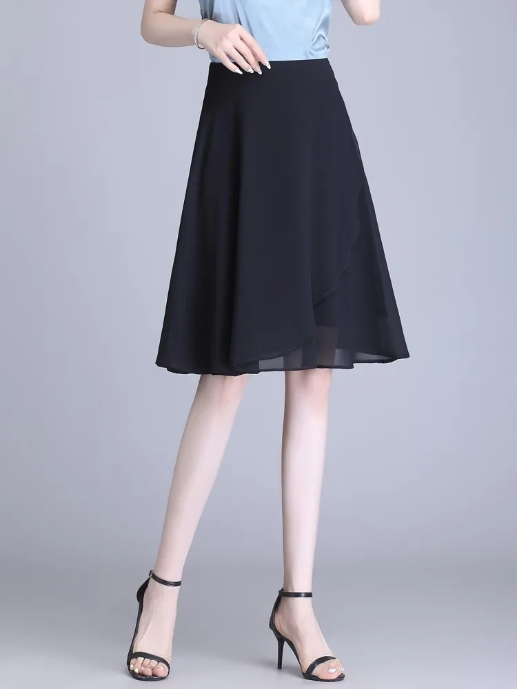 ZUZK Women Chiffon A-line Skirt New Summer Soft High Waist Elegant Lady Skirt Expansion Droop Knee-Length Skirt Jupe