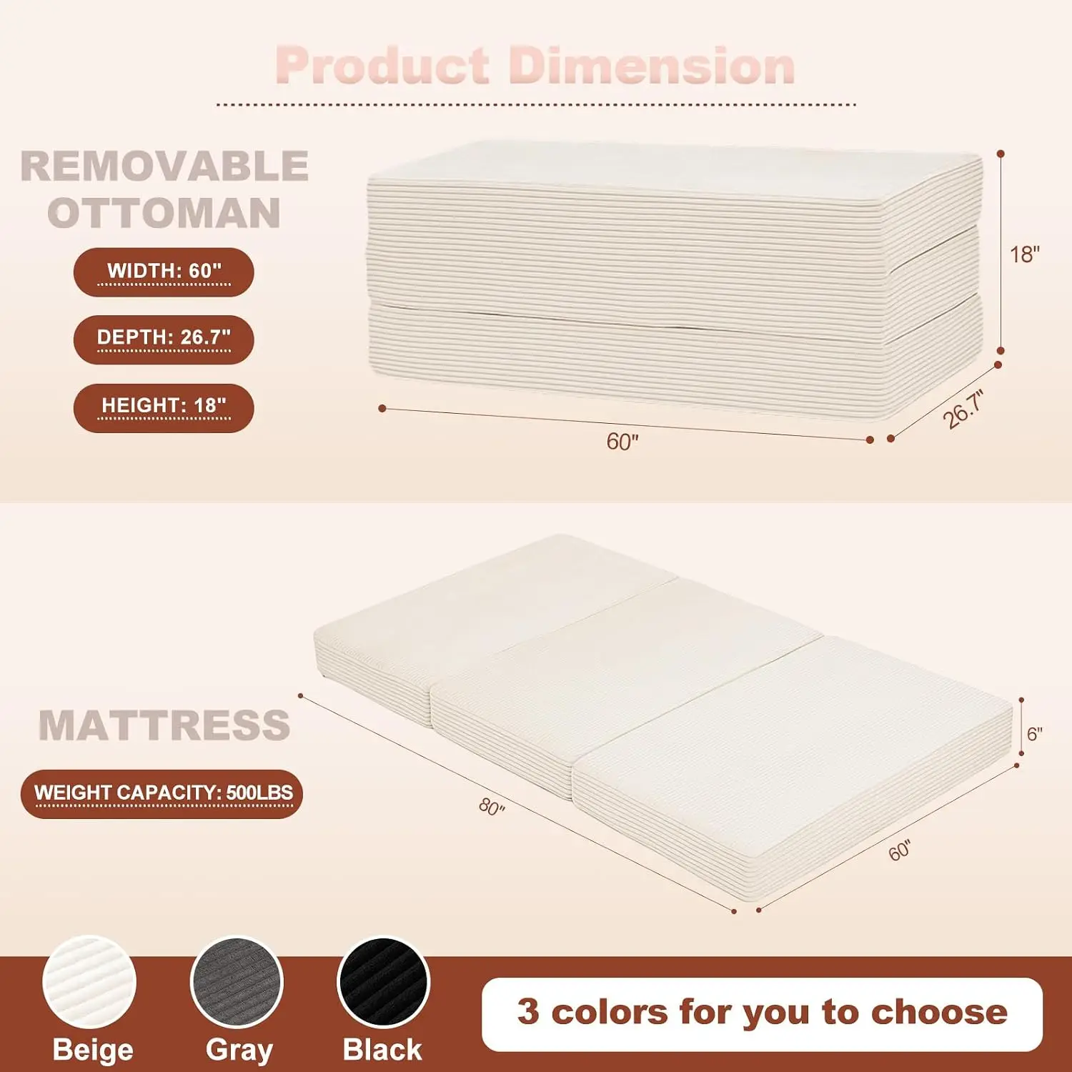 6-Inch Tri-Fold Foldable Mattress, Folding Sofa Bed with Removable Washable Cover, Portable Futon Mattress Full Size Floor Guest