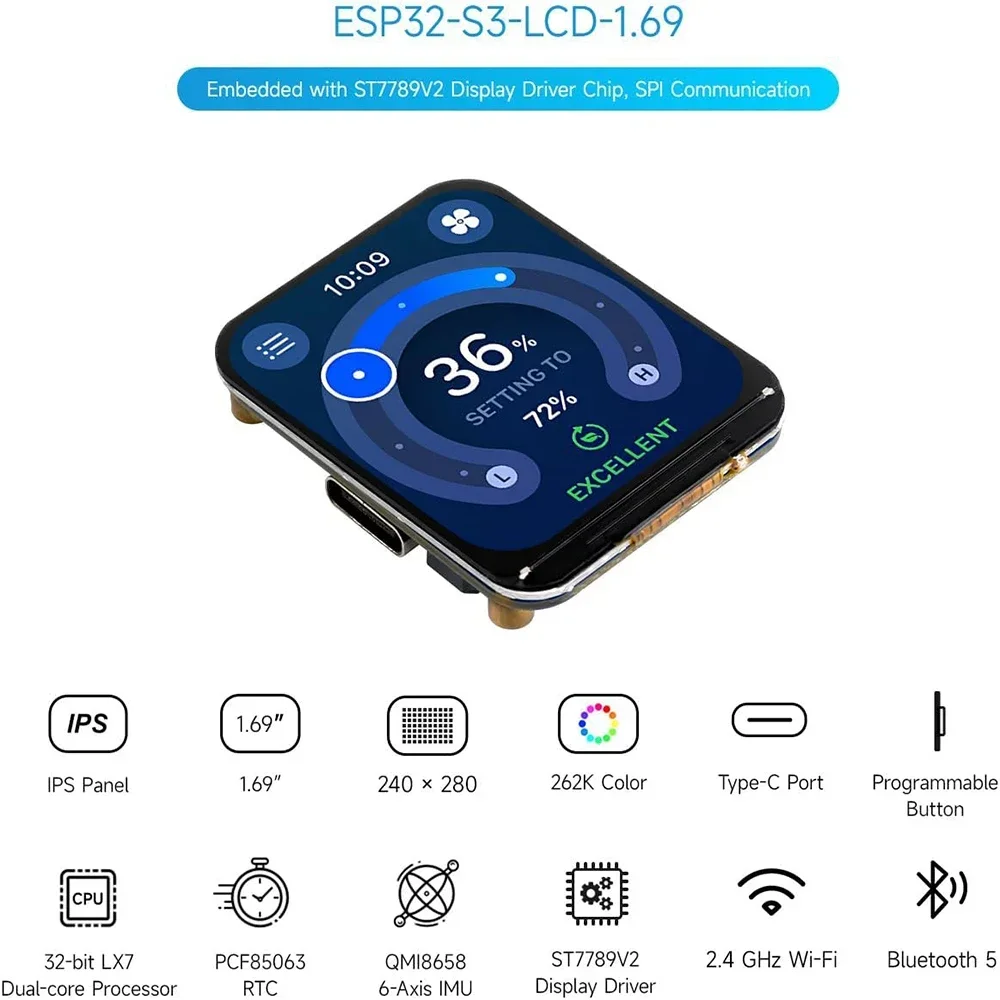 waveshare-esp32-s3-169-インチ-ips-タッチ-lcd-ディスプレイ開発ボード-240×280-st7789v2-spi-ディスプレイモジュール-arduino-ide-esp-idf-用