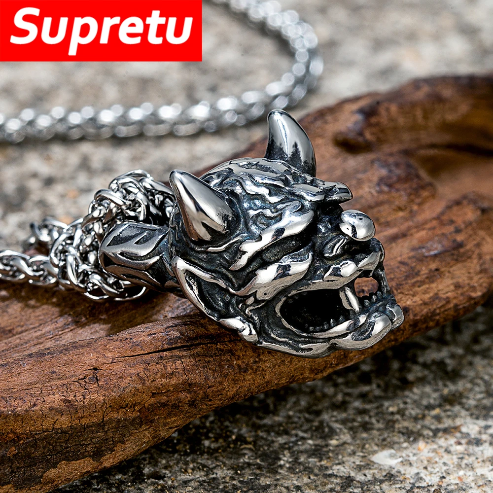 Vintage Noh Mask Leather Necklaces Mens Japanese Culture Monster Hannya Pendant Stainless Steel Halloween Devils Amulet Jewelry