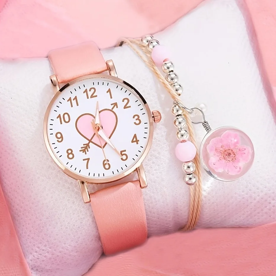 Kegllect-reloj de cuarzo con diseño de corazón rosa para estudiantes, conjunto de pulsera con diseño de flores, 2 piezas