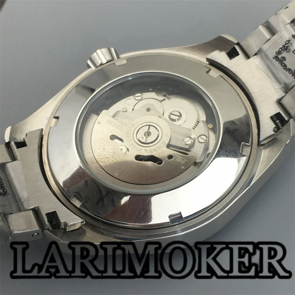 LARIMOKER 40MM Stainless Steel Watch NH35 Automatic Movement 6 O’clock Calendar Glass Back Cover Blue Green Dial Green Luminous