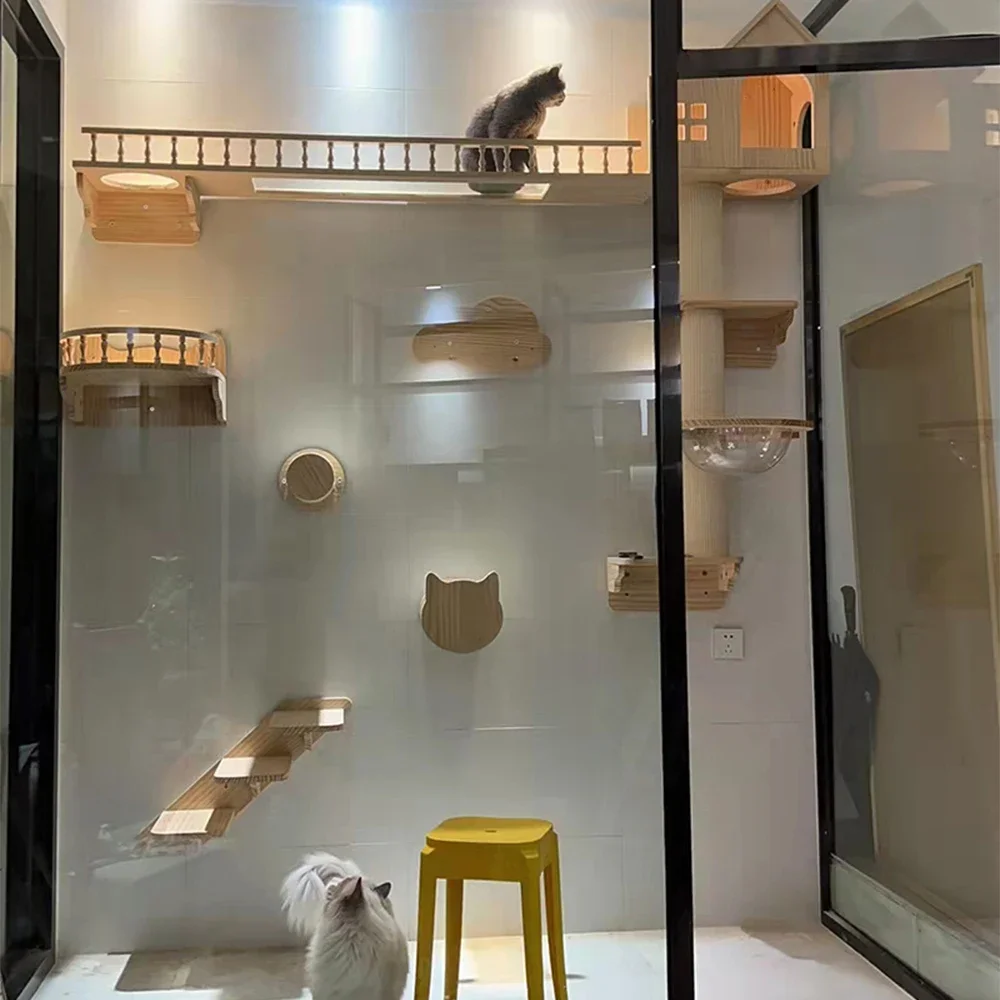 

Cat Wall Cat Tree Wooden Climbing Shelves Cat Hammock Bridge with Sisal Ladder and Platform for Kitten Pet Furniture Playground