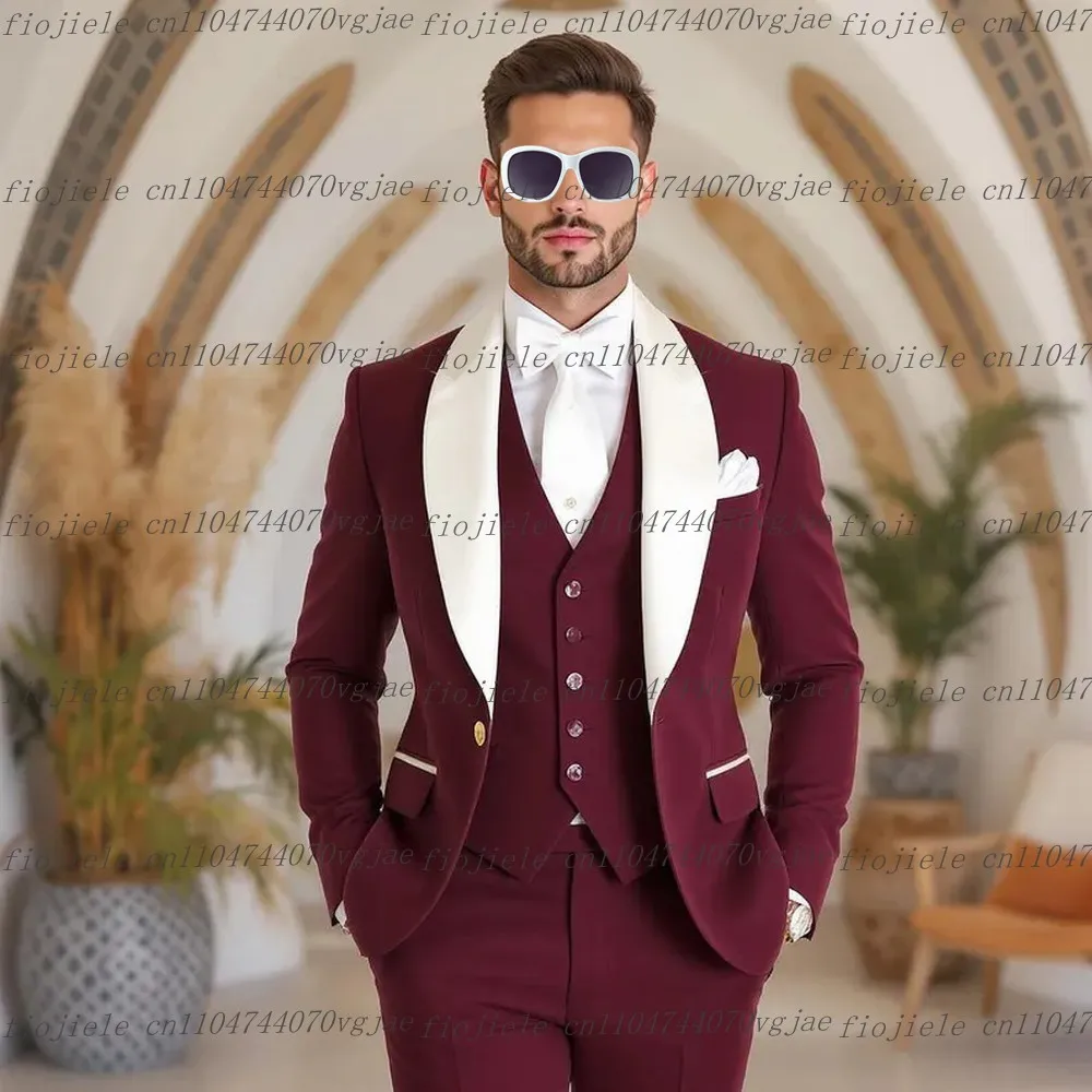 

New White Collar Burgundy Formal Men Suit Wedding Party Groom Groomsman Business Male Tuxedos 3 Piece Set Jacket Vest Pants