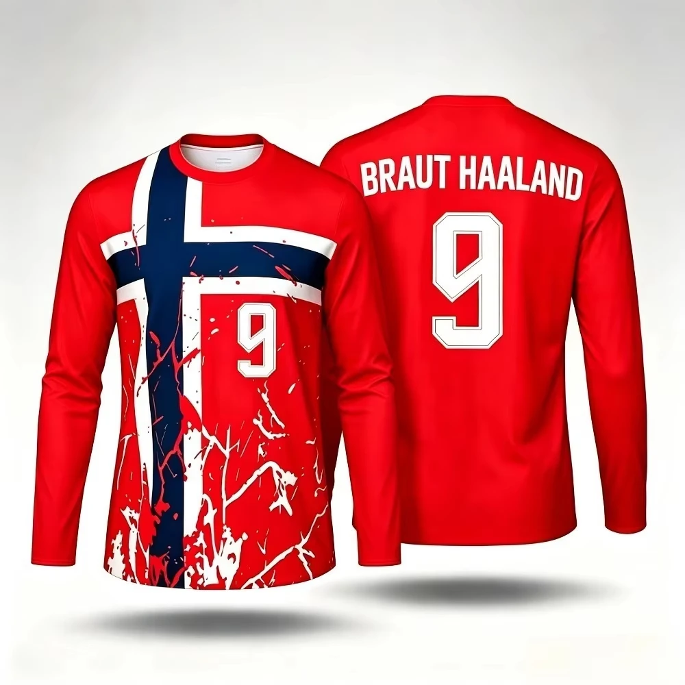 2026 Printed Haaland No.9 Fans Red Long Sleeve Men's and Women's Breathable Comfortable Casual Outdoor Football Sports Tees Tops