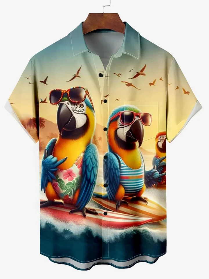 Attractive Parrot Men's Guitar Hawaiian shirts 3D Print Men's Summer Loose Beach Oversize Short-sleeved Top Men's Shirts For boy