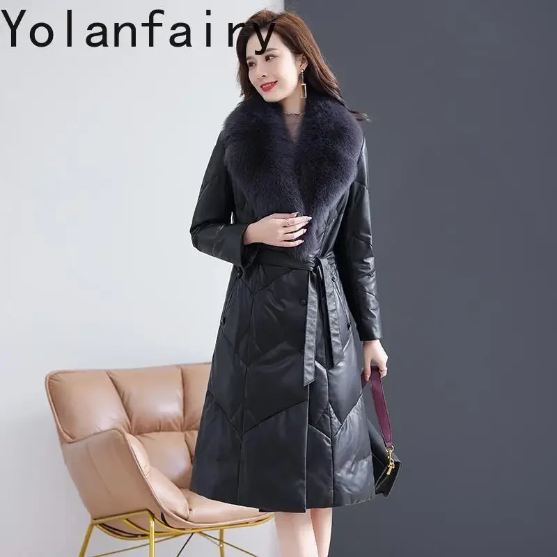 YOLANFAIRY Sheepskin Genuine Leather Jacket Female Winter Long Down Coats Fox Fur Collar Outwears Slim Fit Clothes New Chaquetas