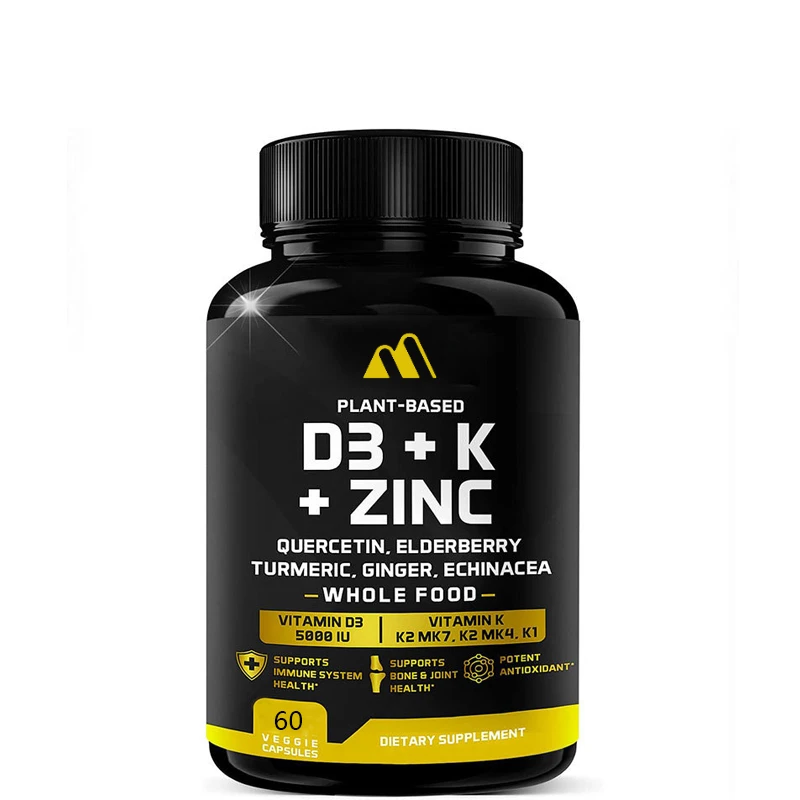 Vitamin D, K2, K1, Zinc, Quercetin, Elderberry, Turmeric, Ginger, and Echinacea Whole Foods Supplement 8-in-1