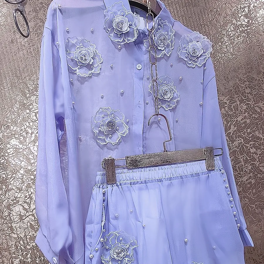 Luxury Pearls Beaded 3D Flowers Silk Yarn Shirts Purple Floral Embroidery Chiffon Blouses Cardigan Tops+Straight Shorts 2pcs Set