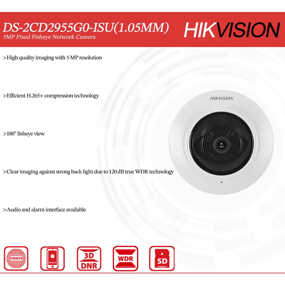 Hikvision Original DS-2CD2955G0-ISU 1.05mm 5 MP IR POE Fixed 180° Fisheye Security Network Camera Built in MIC SD Slot Alarm I/O