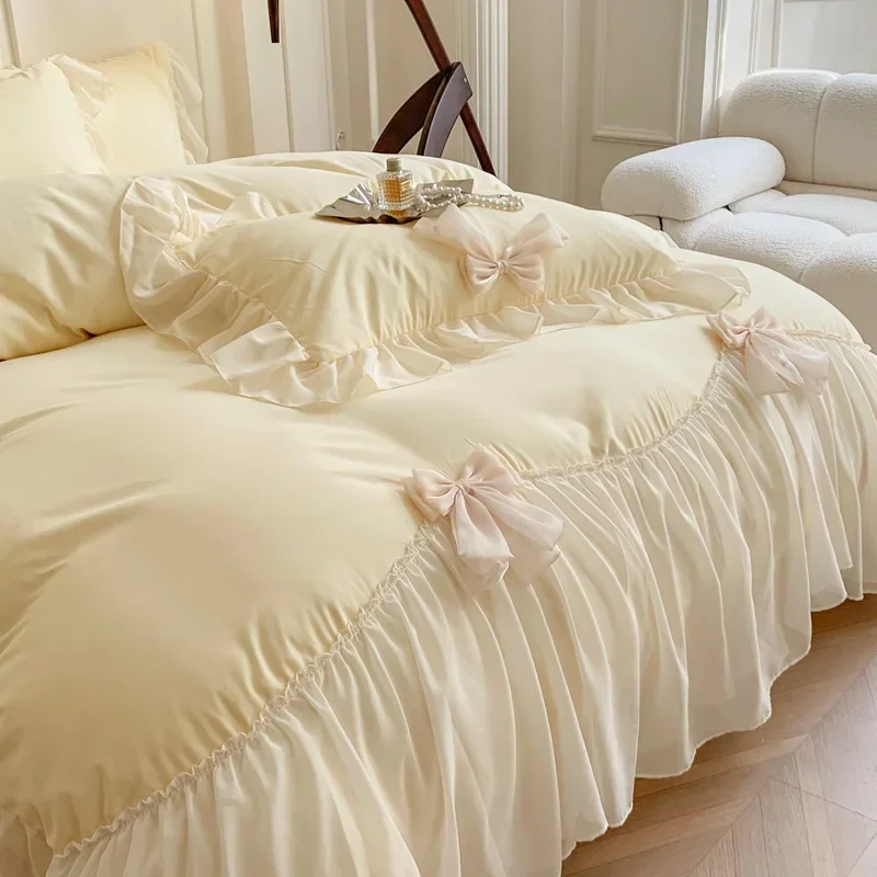 Girl princess wind polished lace four-piece set super soft pleated chiffon bow bed sheet kit bedding 3