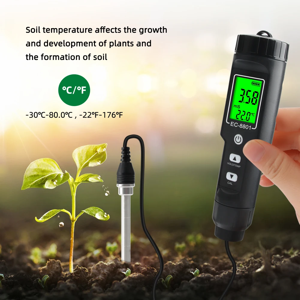 Multi-function Soil EC Tester LCD Digital Thermometer Waterproof Backlight Detachable Probe Automatic Temperature Compensation