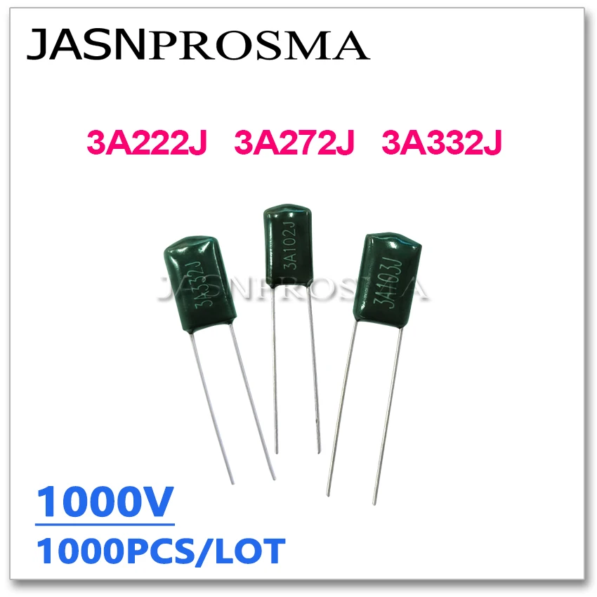 JASNPROSMA 1000 قطعة 1000V 1KV 3A222J 3A272J 3A332J 2.2NF 2.7NF 3.3NF 222J 272J 332J 3A 5% الأخضر البوليستر فيلم مكثف