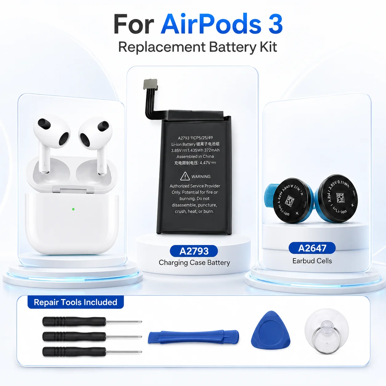 

A2647 Battery for Apple AirPods 3 A2564 A2565 A2793 Rechargeable Li-ion Earbuds Replacement Cell with Repair Tools Parts Kit