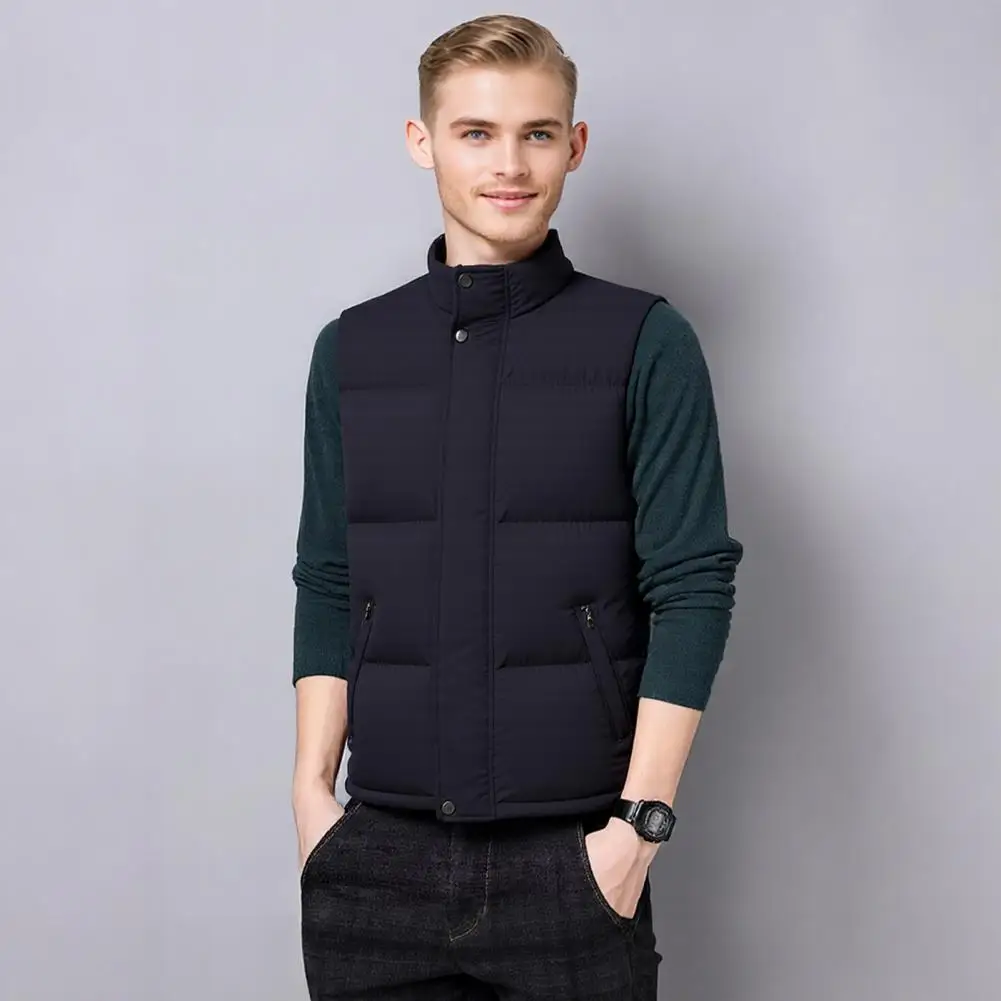 Chaleco cálido para hombre, chaleco con cuello levantado y bolsillos, chaleco de invierno sin mangas, abrigo para clima frío, cierre de cremallera, otoño