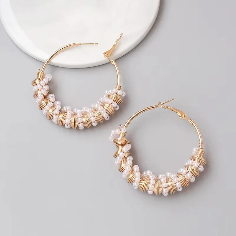 2026 New Exaggerated Women Hoop Earrings Colorful Acrylic Beads Twisted Earrings Imitaiton Pearl Beads Big Heavy Earrings