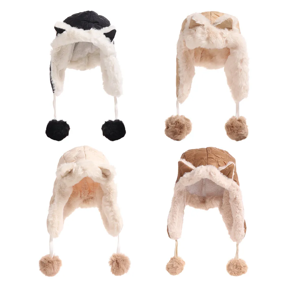 

Casual Keep Warm Cat Ear Pullover Hat Windproof Thickened Beanie Hat Korean Style Fluffy Ball Ear Protection Hat Girls