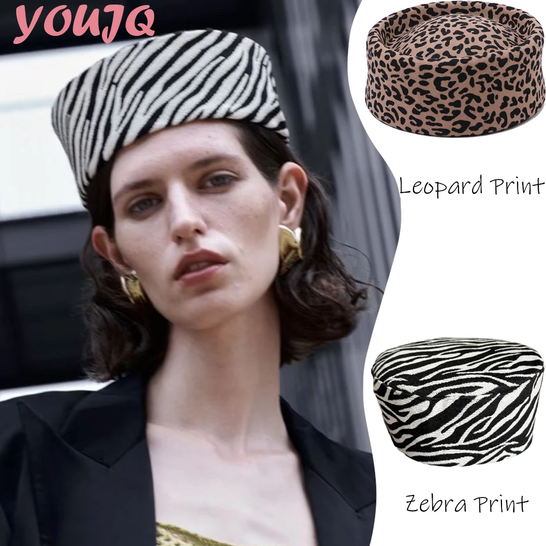 French Retro Medicine Box Hat for Women British  Summer Autumn Zebra Print Pillbox Berets Ladies Hepburn Top Sunshade Cap Bonnet