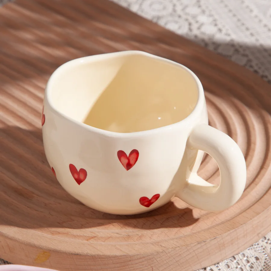 1 Piece 220ml 7oz Creative Ceramic Pink Beige Coffee Water Mug Cup With Heart Prints Couple Cup Cute Office Exquisite Coffee Mug