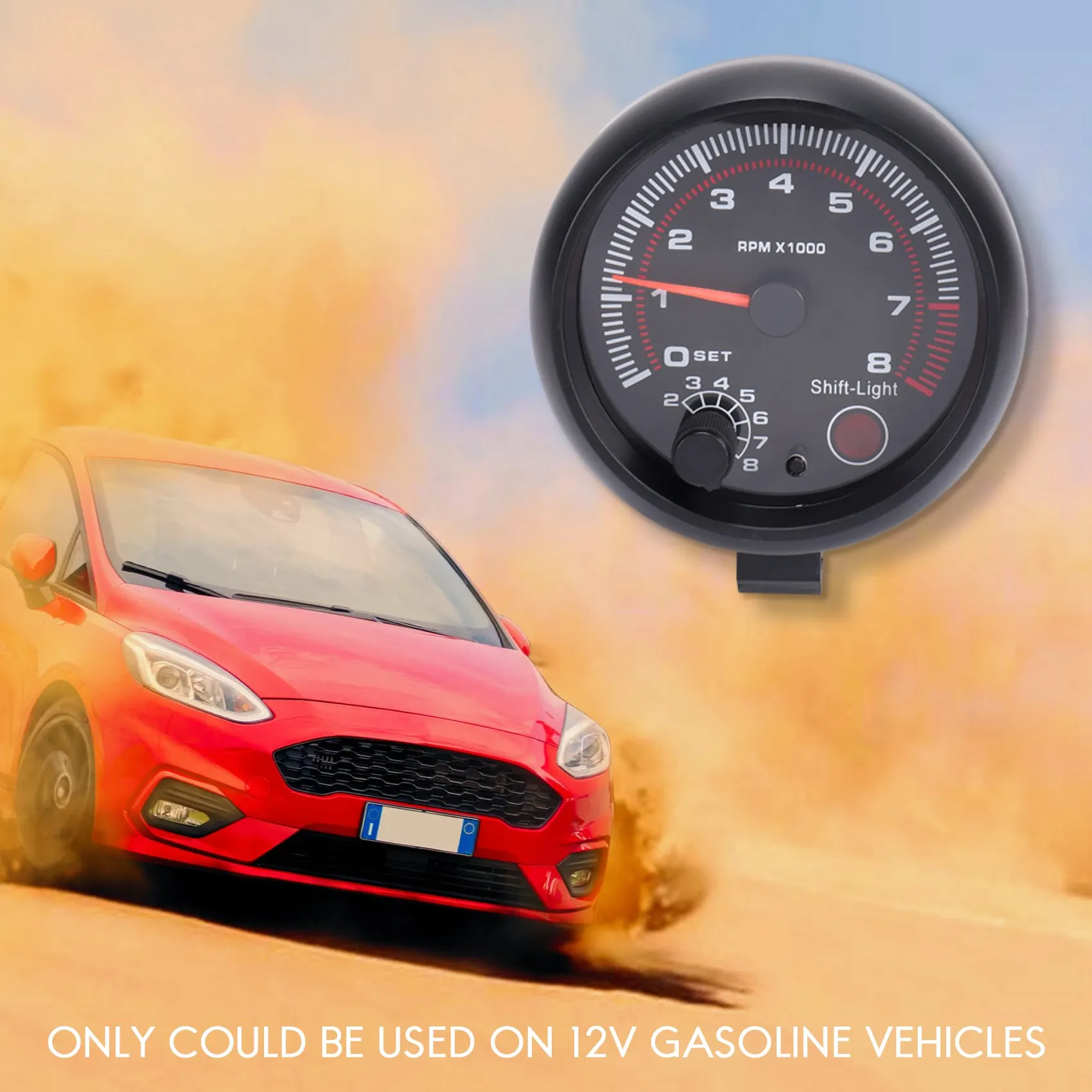 Top!-Universal 3.75 Inch 12V White LED Backlit Tachometer Gauge With Red Shift Light For Auto Car, 0-8000 RPM