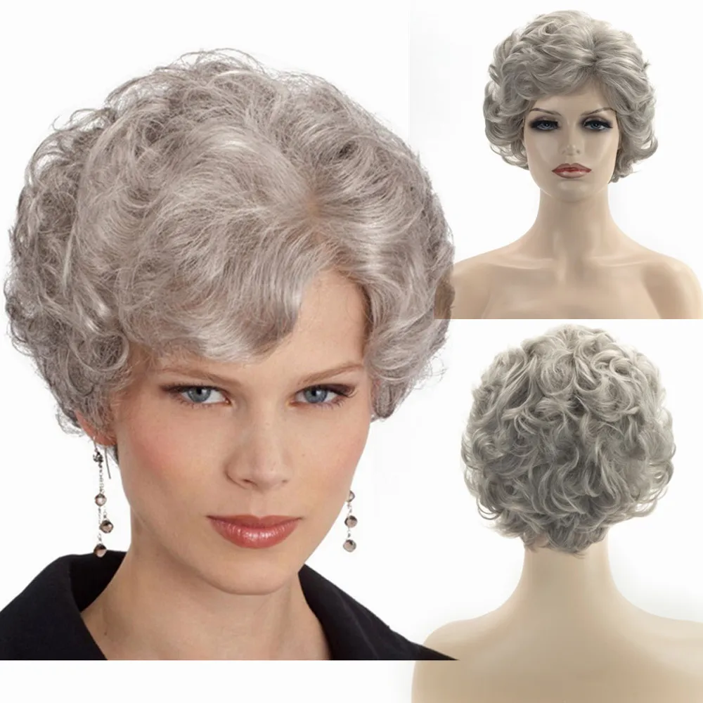 New Synthetic Short Curly Women Hair for Middle-aged and Old  Wig Grandma Gray Fluffy Texture Rose Net Fashion Daily Use Party