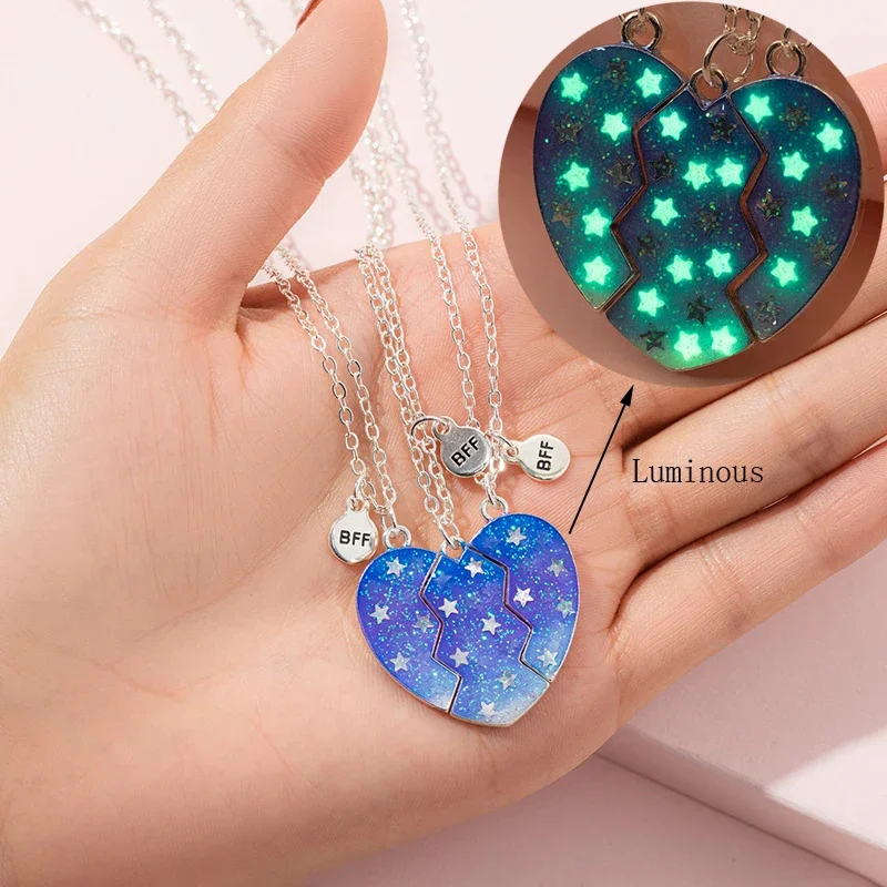 Lovecryst 3Pcs/set Luminous Forever Best Friends Friendship Heart Puzzle Pendant Necklace Matching Magnet Necklace for Girl Kids