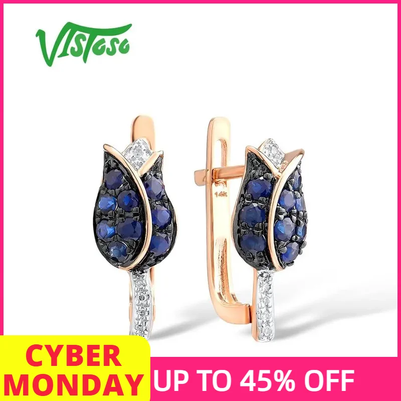 

VISTOSO Pure 14K 585 Rose Gold Earrings For Women Shining Diamond Blue Sapphire Luxury Wedding Engagement Elegant Fine Jewelry