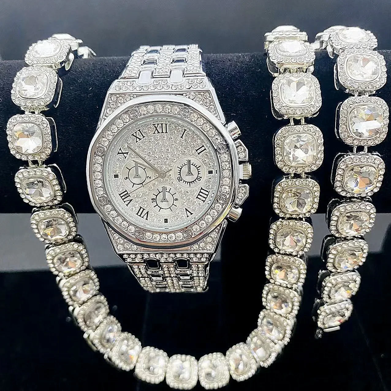

3PCS Iced Out Watch + Bracelet + Necklaces for Men Fashion Gold Luxury Watch Diamond Cubana Chains Bling Jewelry for Men Watches