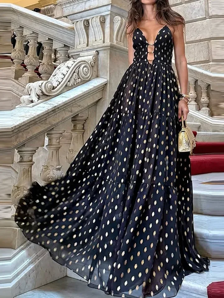 

Holiday Dot Printing Fashion Party Dress, Women Summer Spaghetti Strap Chic Maxi Dress 2025 Sleeveless Patchwork Ladies Dress
