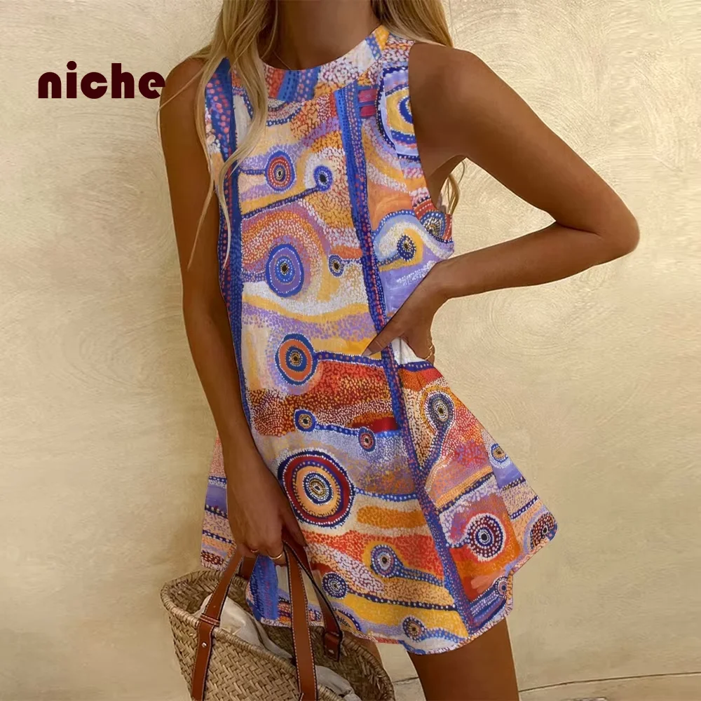 Vestido sin mangas para mujer, falda de algodón y lino con estampado gráfico de Caracol difuminado de lunares de Color, alta calidad, tendencia de moda