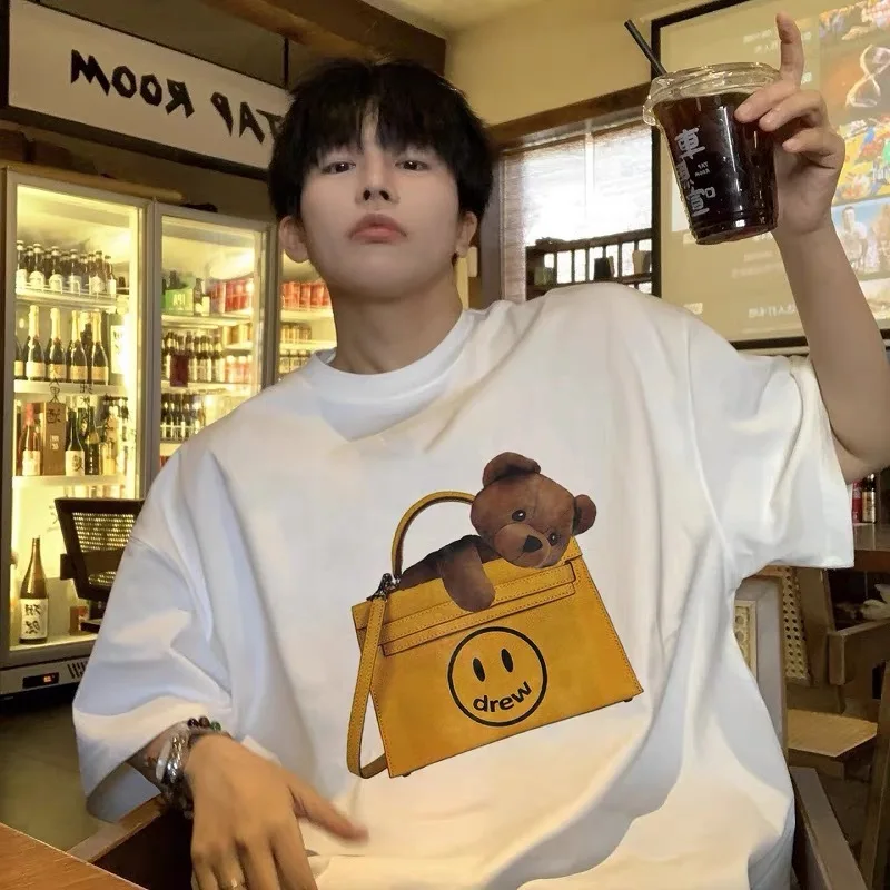 درو هاوس جودة عالية وجه مبتسم قصير الأكمام الصيف وصول جديد لطيف طباعة استرخاء صالح نمط Preppy تي شيرت الموضة