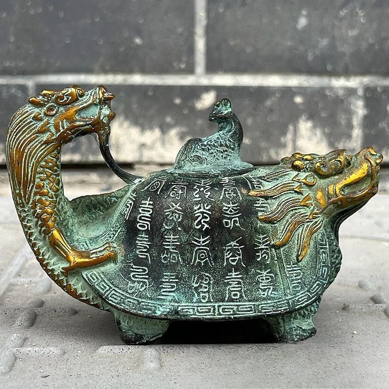 Antique Bronze-gilded Dragon Turtle Copper Teapot Statue Longevity Turtle Wine Jug Ornament Home Decoration