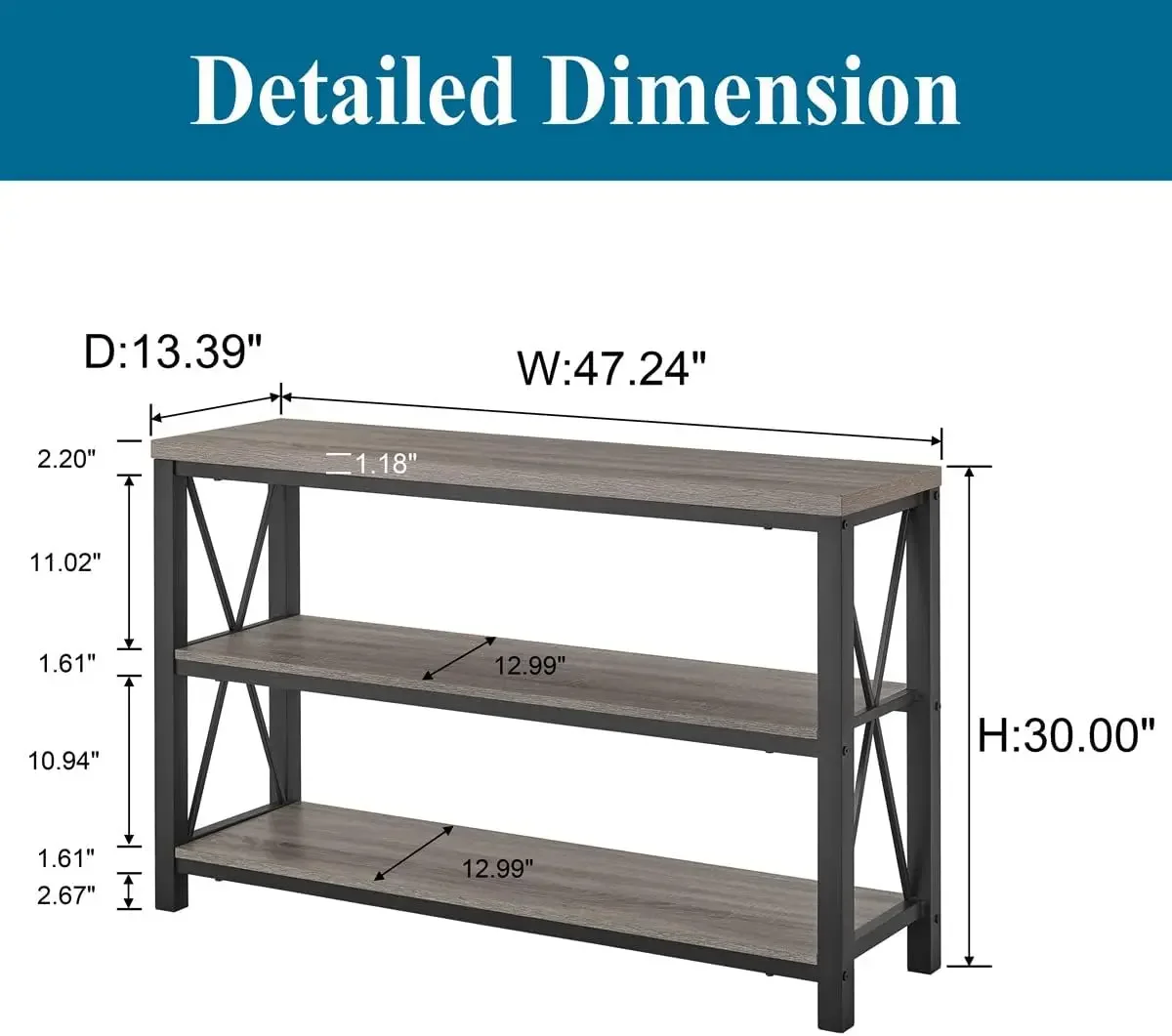 Rustic Sofa Table Behind Couch, Industrial Console Tables for Entryway, 3 Tier Wood Shelves Entry Table with Storage