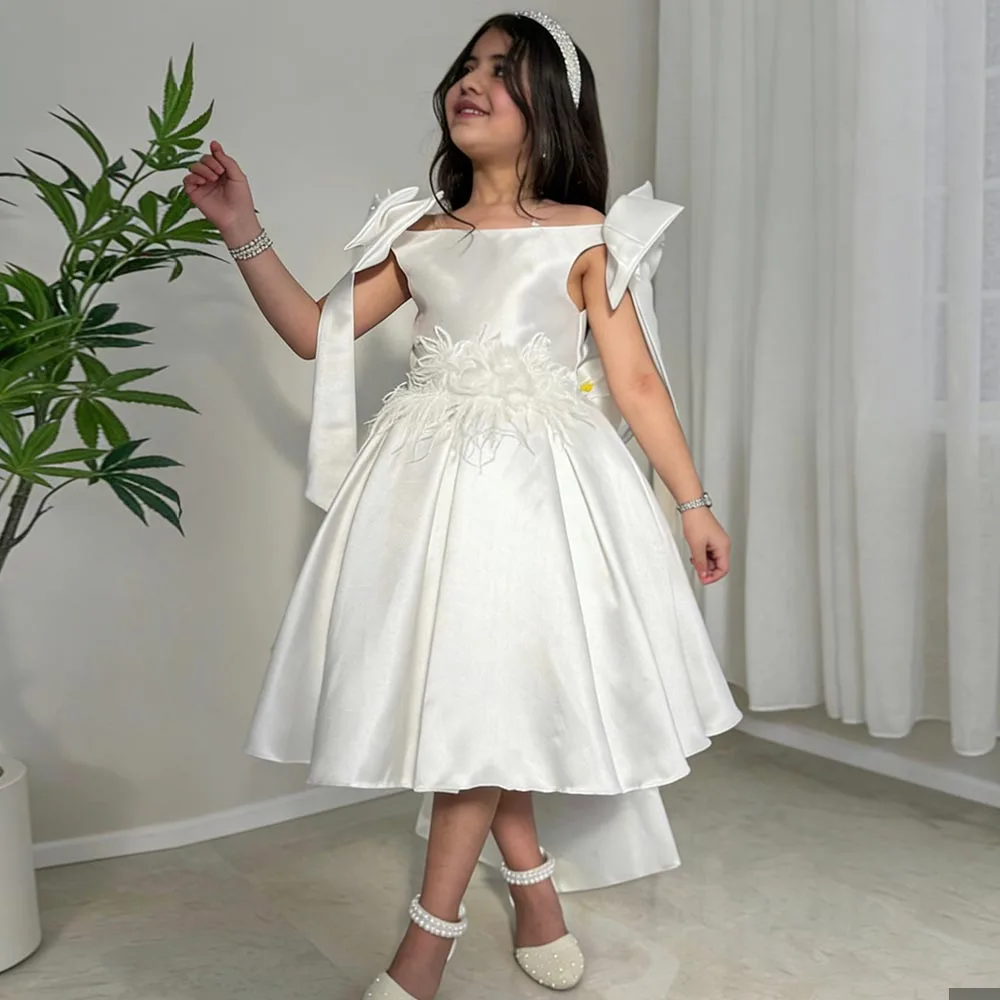 

Ivory Satin Flower Girl Dresses Elegant Dress For Girls Short Birthday Dress A-line Girl Princess Dress Bow Cute Kids' Dresses